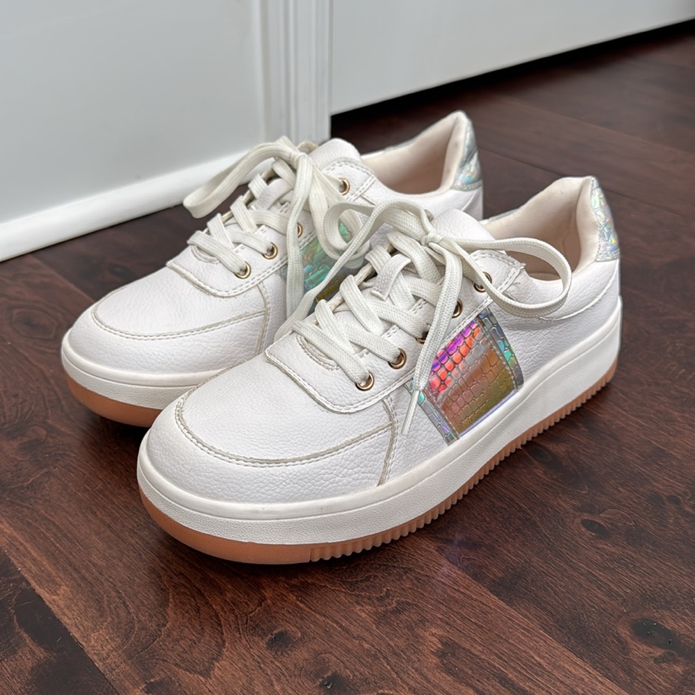 White Preppy Platform Sneakers Fashion Shoes On-trend White w/iridescent accents